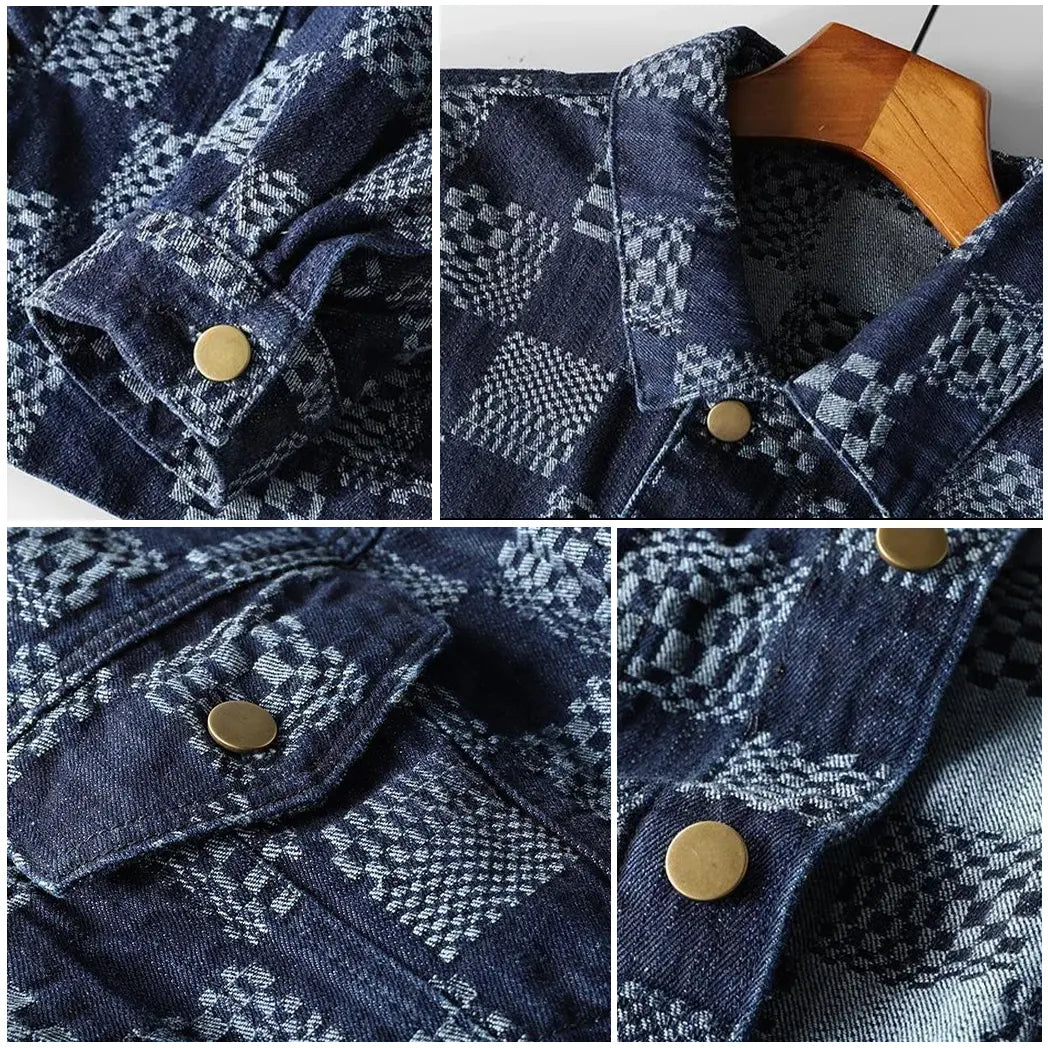 Blue plaid denim jacket with buttons