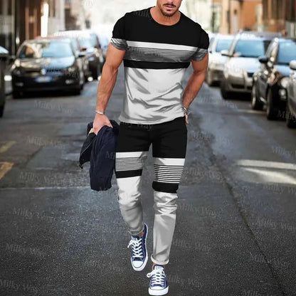 Men's summer tracksuit with striped print, T-shirt and trousers included
