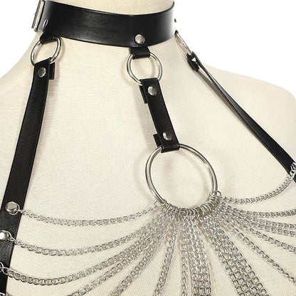 Goth Leather Body Harness Chain Bra