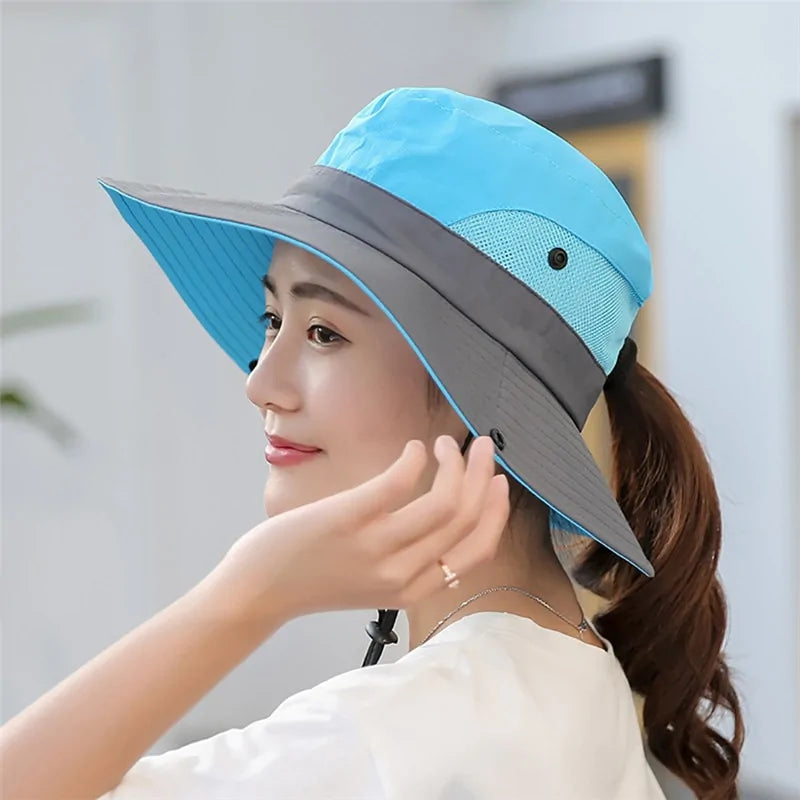 Sun hat with wide brim and ponytail UV UPF 2024: Perfect for outdoor walks!