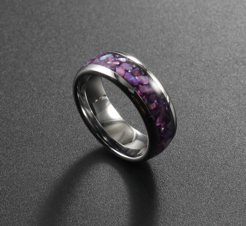 Tungsten ring with purple and white opal