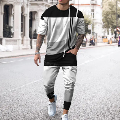 Men's summer tracksuit with striped print, T-shirt and trousers included