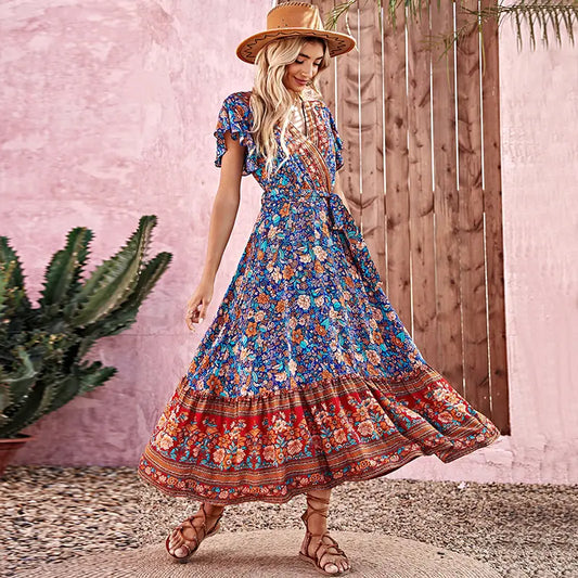 Bohemian Beach Maxi Dress with Floral Pattern