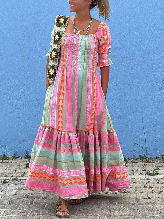Y2k long dress, A novelty in women's boho style in a geometric color block