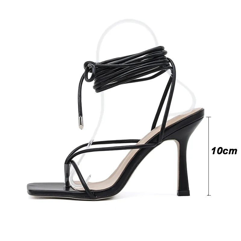 Vintage Women's High-heeled Sandals with Square Toe and Cross Straps